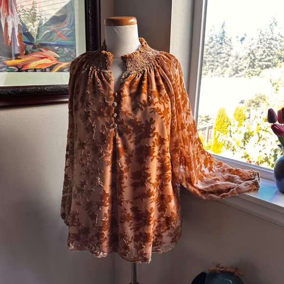 Cut Velvet Amber Colored Peasant Style Smock Top Blouse - S - Picture 8 of 10